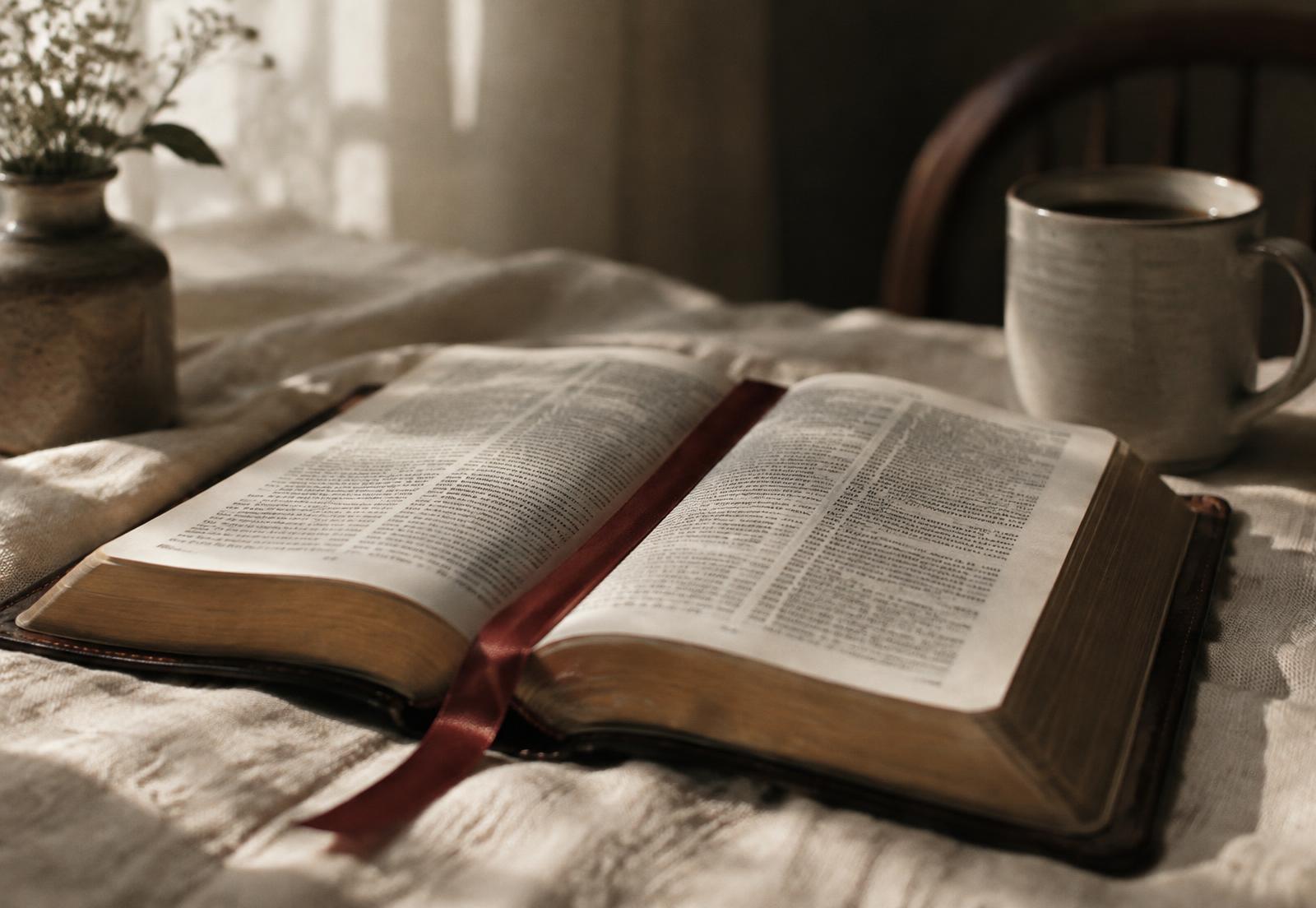 An open Bible with a deep crimson ribbon on cream linen in morning light